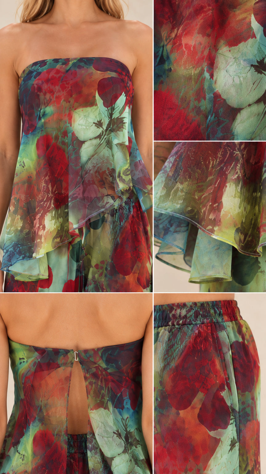 Detailed close-ups of strapless top neckline, sheer fabric hems, back clasp, and elastic waistband
