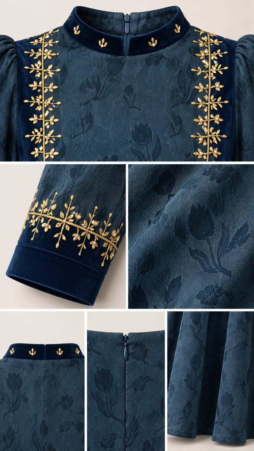 Detailed close-up of gold embroidery, velvet collar, cuff, and jacquard pattern