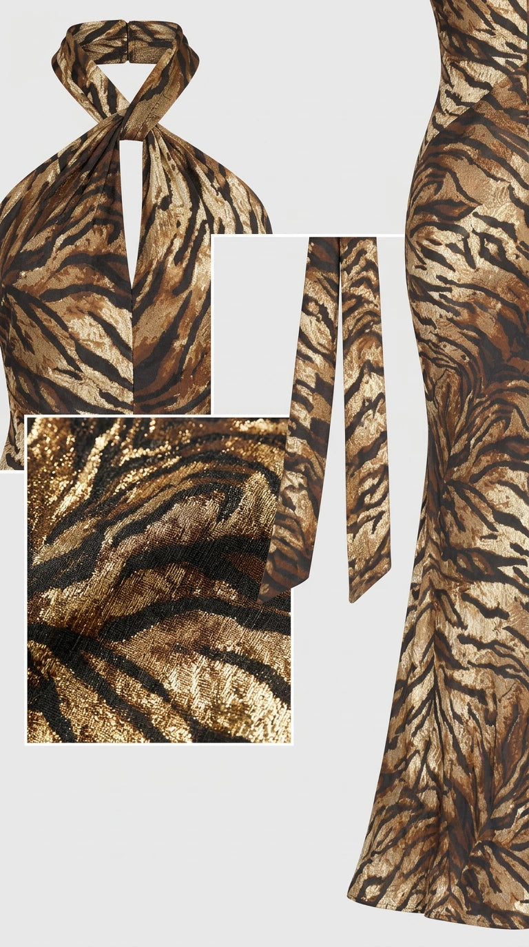 Close-up details of metallic textured tiger pattern and halter neck tie