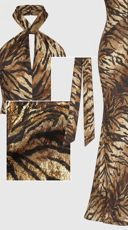 Close-up details of metallic textured tiger pattern and halter neck tie