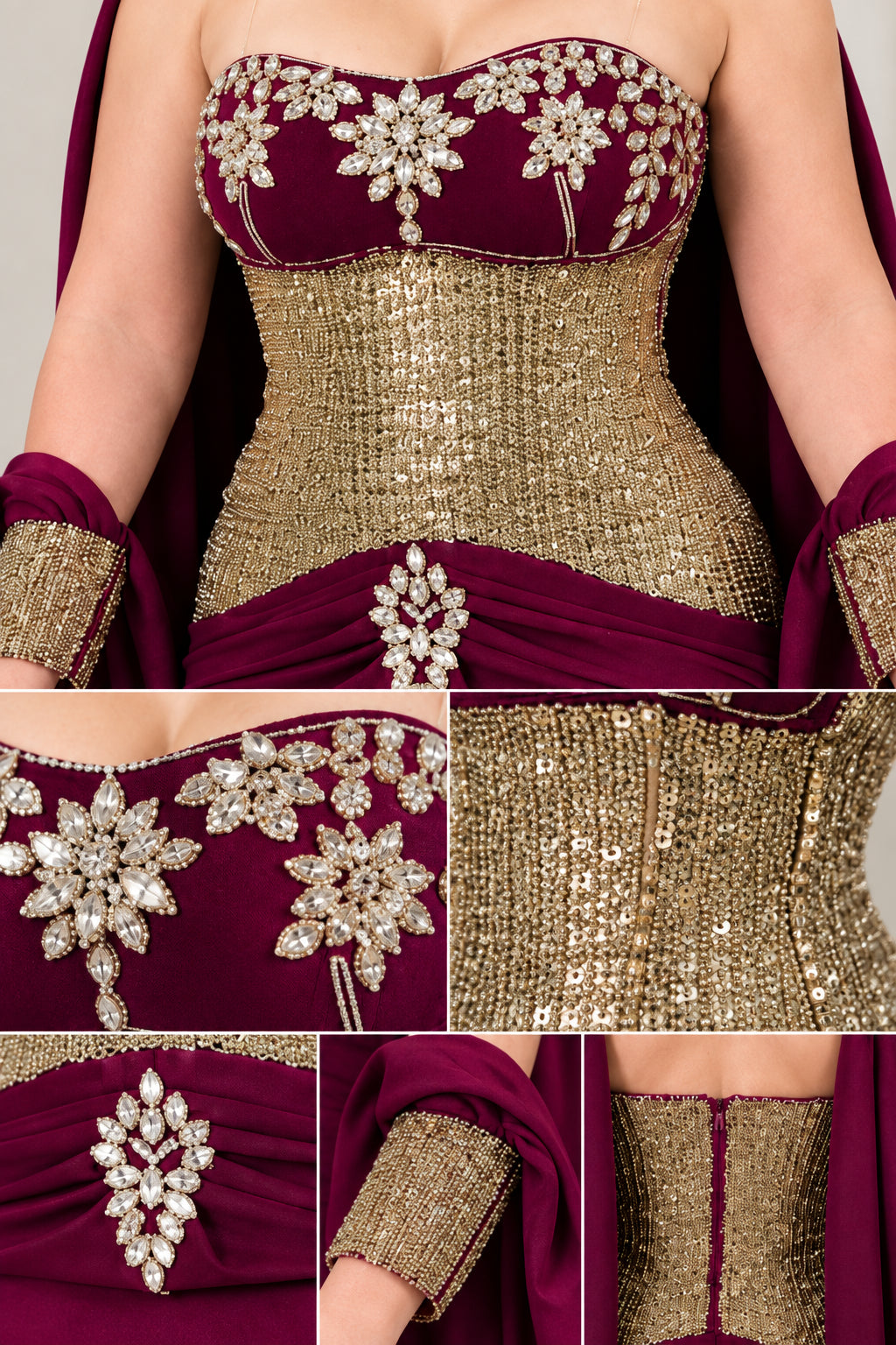 Close-up details of rhinestone floral bust applique and sequin corset stitching