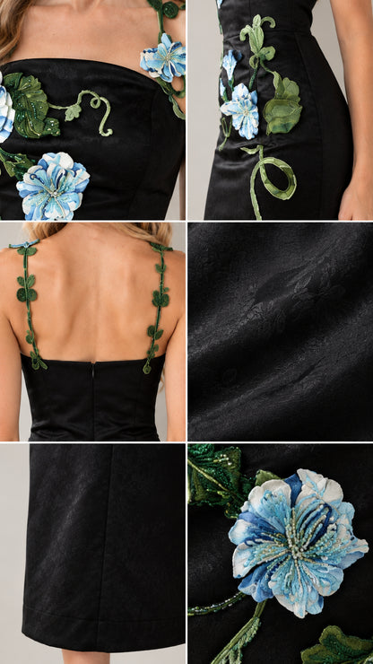 Detailed close-up collage of 3D floral embroidery, straps, and satin fabric texture