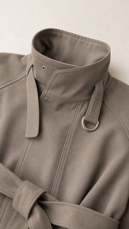 Close-up detail of the stand collar with metal D-ring buckle strap on taupe fabric
