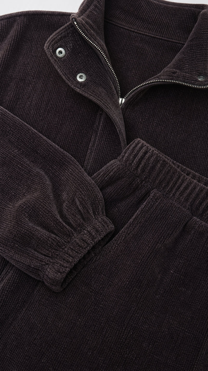 Close-up detail of Black ribbed corduroy texture, metal zipper, snap buttons, and elastic cuff