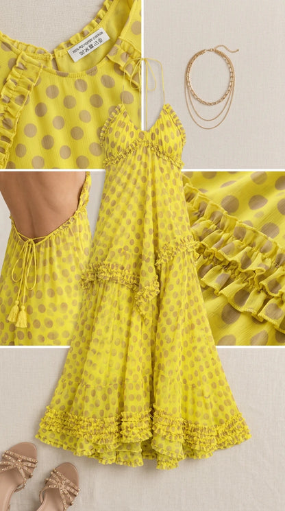 Flat lay and detail shots of the yellow polka dot tiered ruffle halter maxi dress