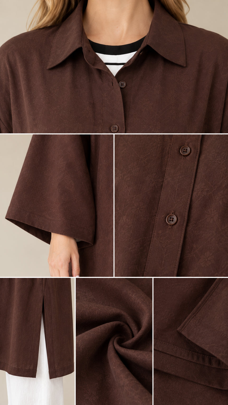 Detailed close-ups of collar, cuff, buttons, side slit, and woven fabric texture