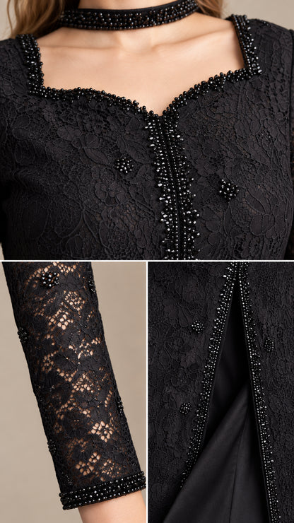 Close-up details of intricate beading along the neckline, collar, and lace sleeve cuffs