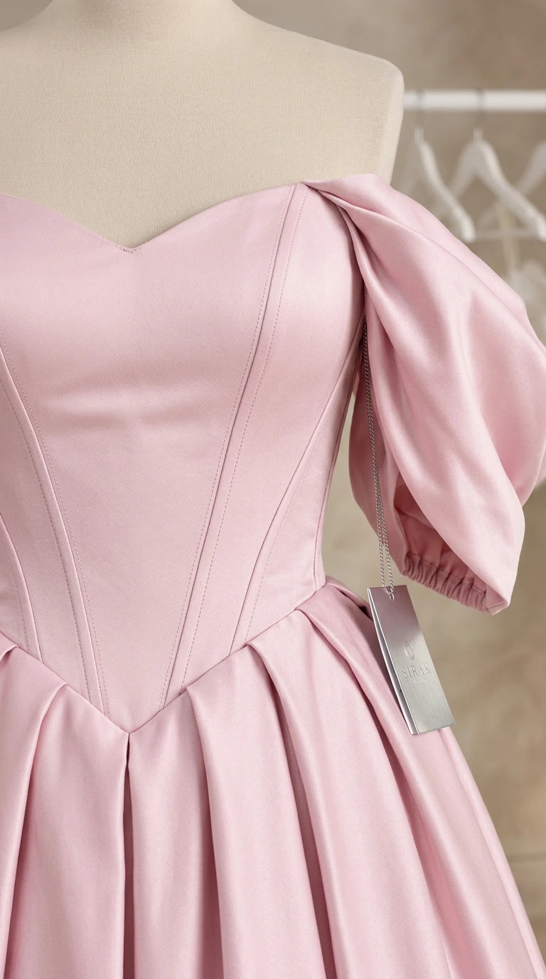 Close-up detail of Blush Pink sweetheart neckline and tailored corset seams