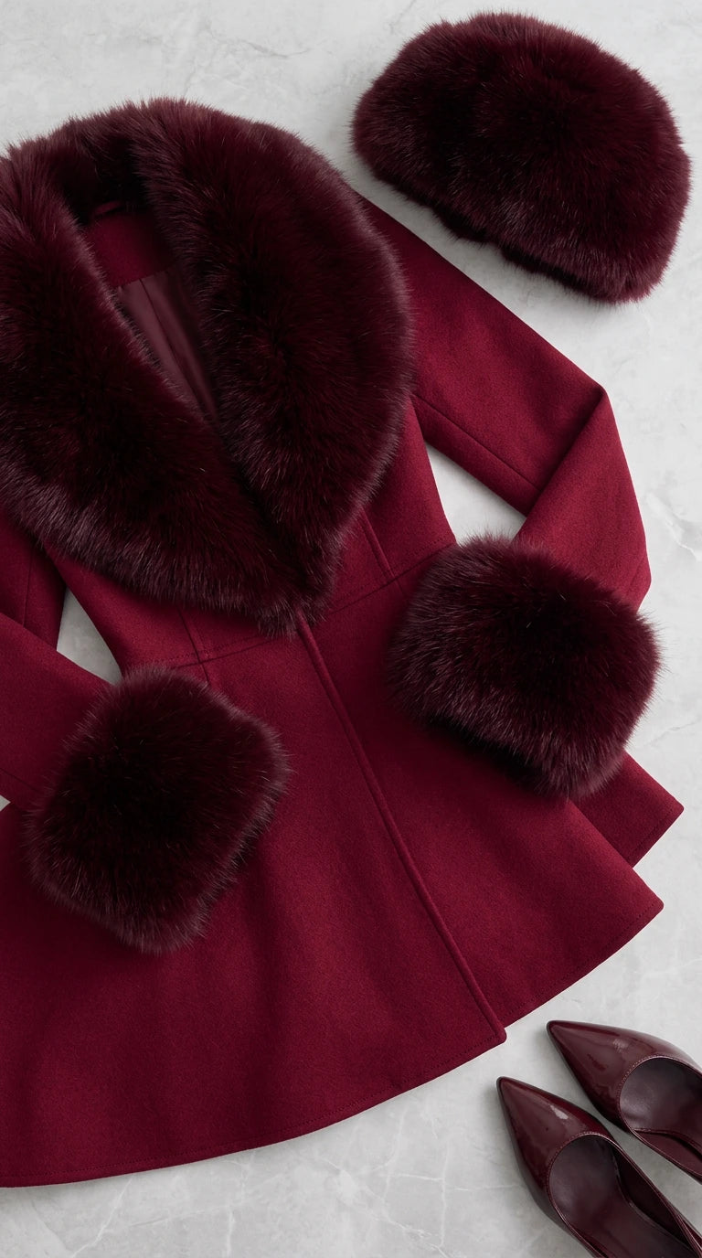 Flat lay detail showing plush burgundy faux fur shawl collar and matching cuffs