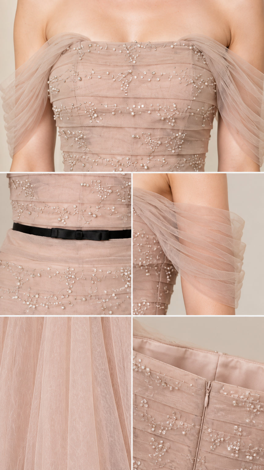 Close-up details of beaded ruched bodice, tulle sleeve drape, and zipper closure