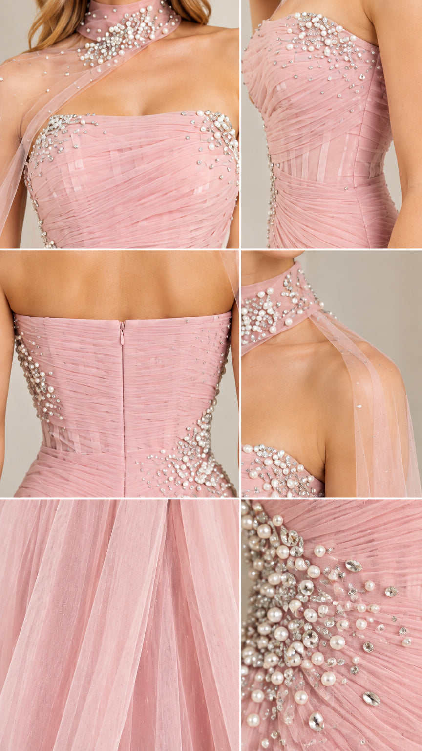 Close-up details of intricate pearl and crystal beading on pleated bodice and high-neck collar