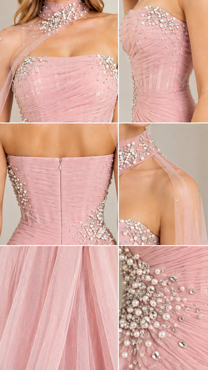 Close-up details of intricate pearl and crystal beading on pleated bodice and high-neck collar