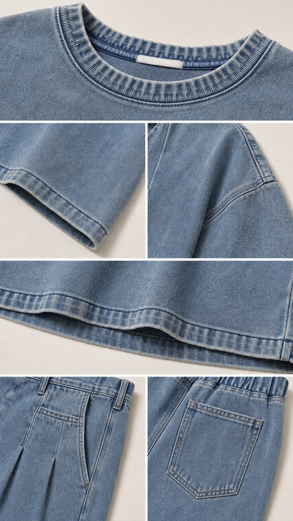Close-up details of ribbed neckline, sleeve cuff, hem stitching, front pleats, and back pocket in Washed Blue