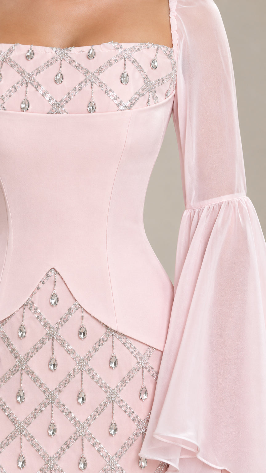 Close-up detail of bodice and crystal lattice beadwork on Blush Pink evening dress