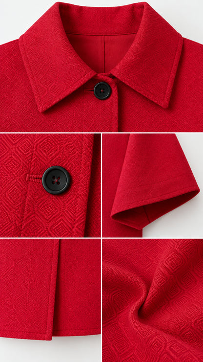 Detailed close-up collage of the red cropped jacket showing collar, button, sleeve cuff, hem, and textured weave