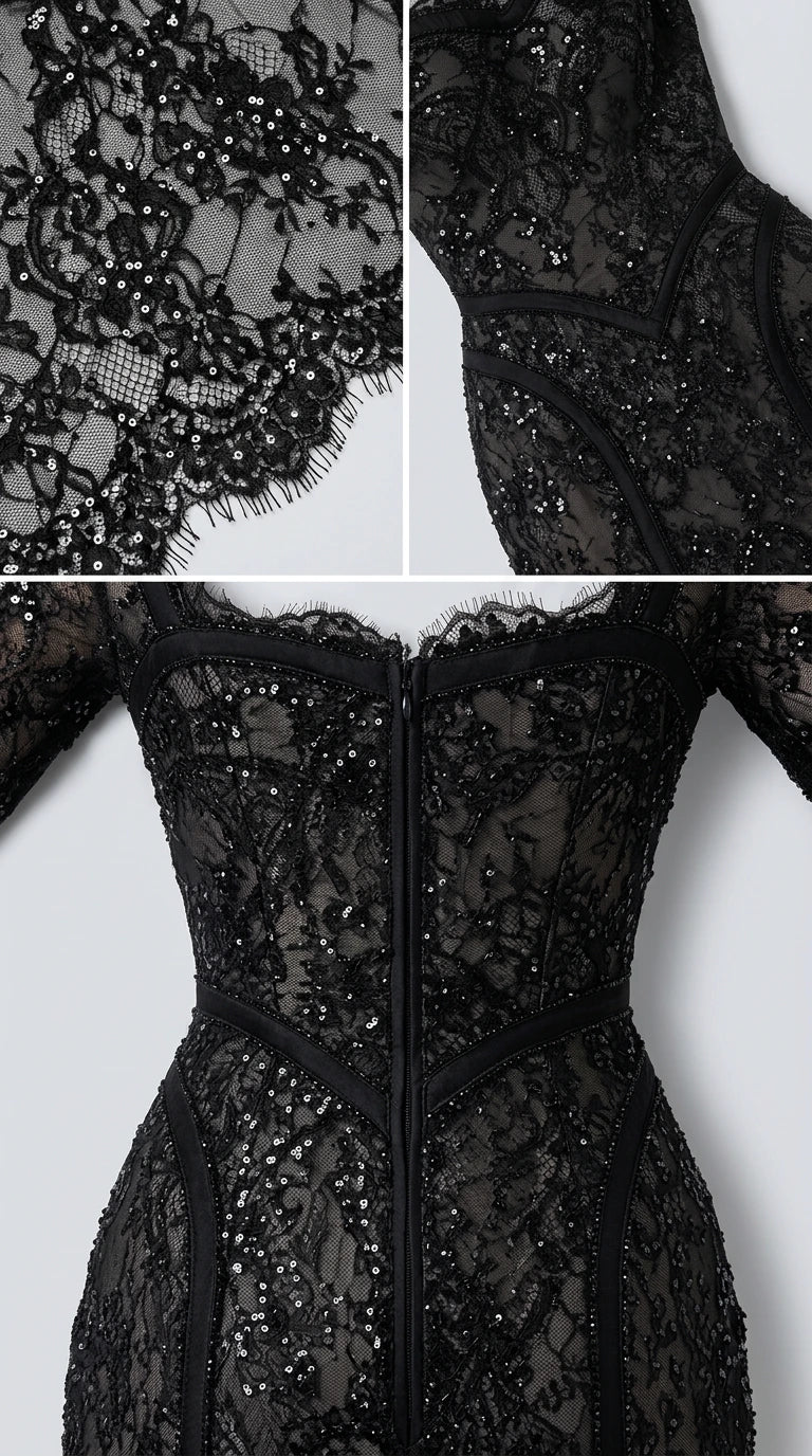Close-up detail of delicate eyelash lace trim and sequin embellishment