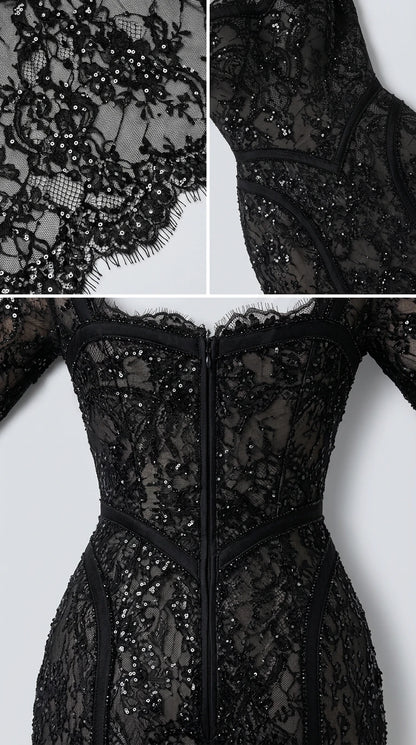 Close-up detail of delicate eyelash lace trim and sequin embellishment