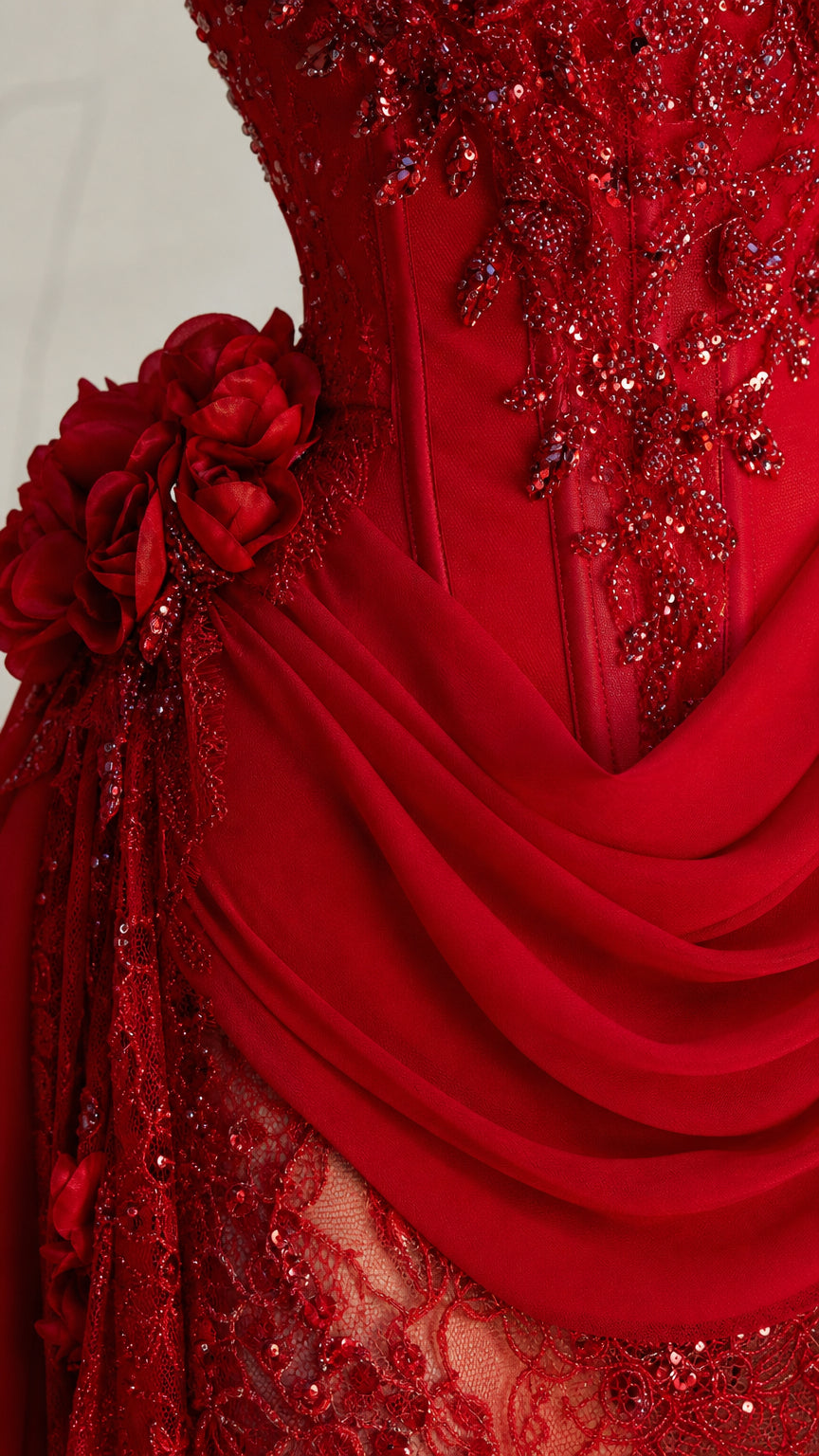 Close-up detail of red 3D floral beading, corset boning, and draped sash