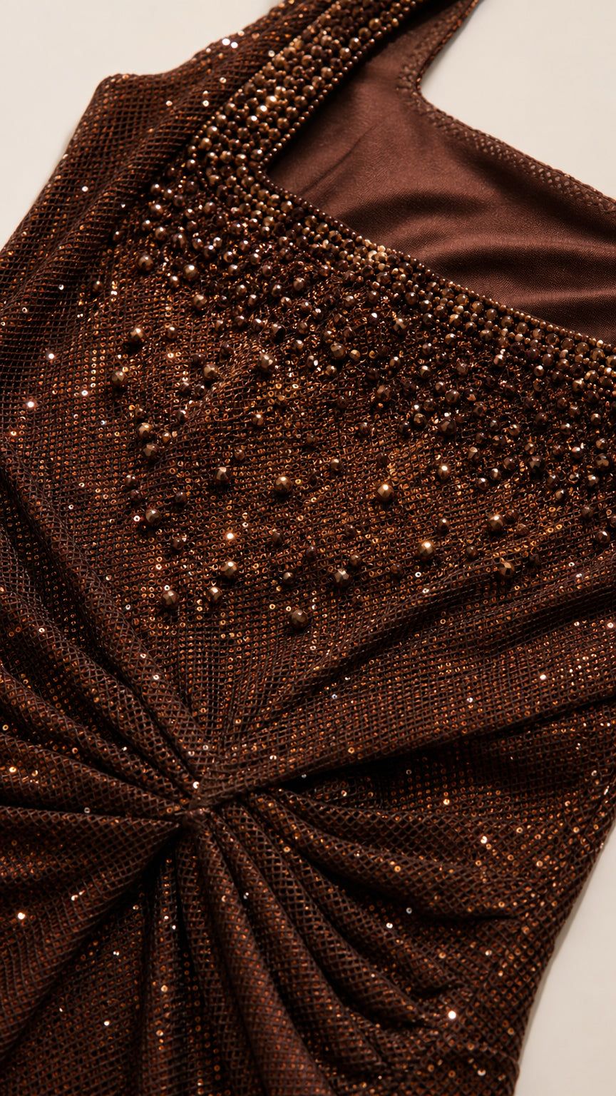Close-up detail of beaded embellishments and ruched gathered waist on brown shimmer fabric