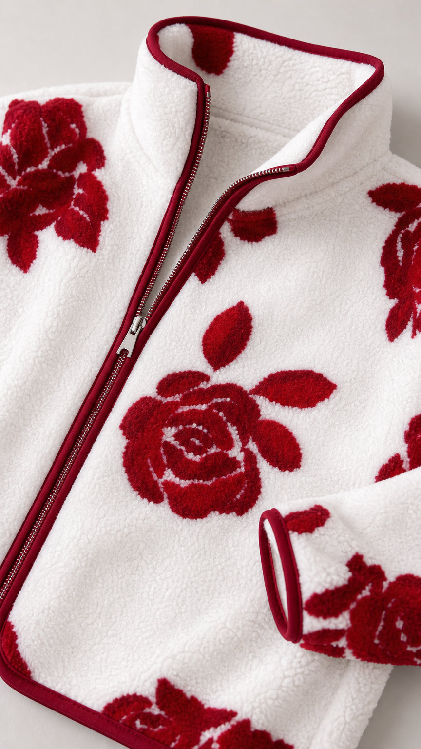 Close-up detail of white fleece jacket showing red rose pattern and zipper piping