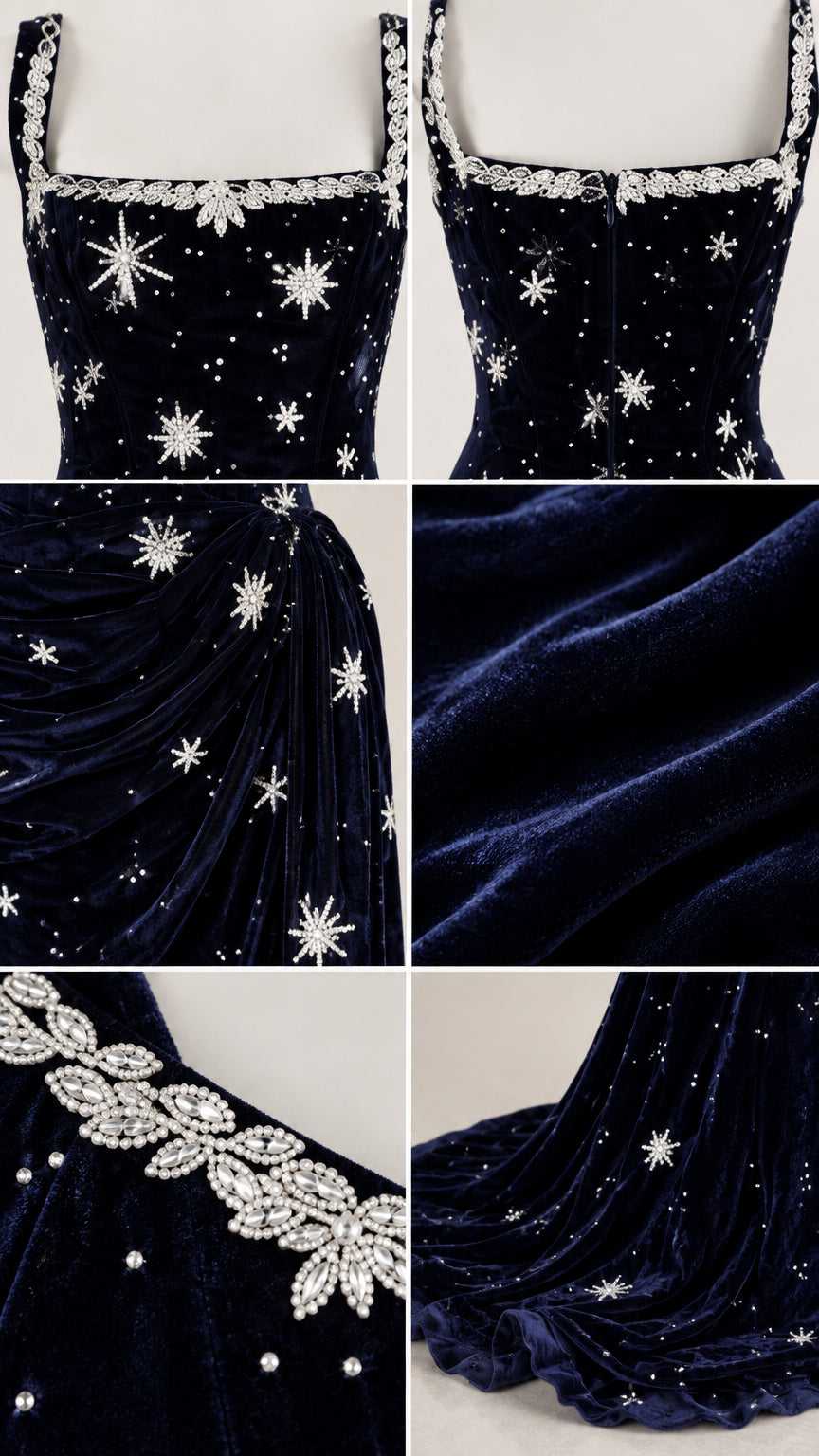 Close-up details of crystal neckline trim, velvet texture, and starburst embellishments