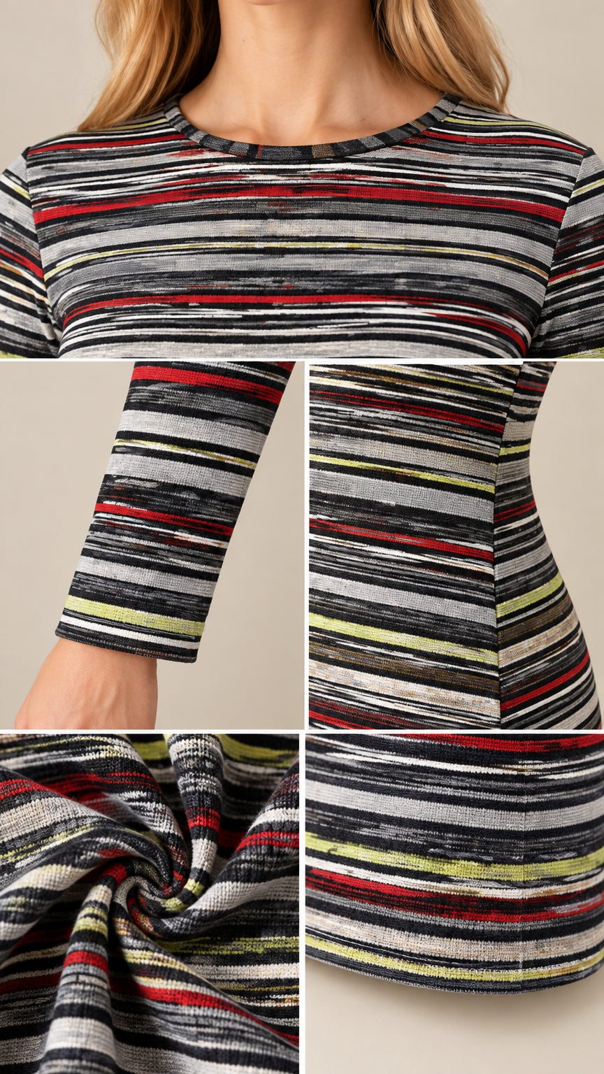 Fabric and seam detail of striped crewneck knit dress showing neckline and cuffs