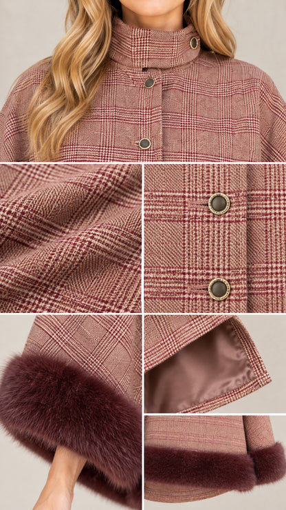 Detailed close-up collage of plaid texture, engraved metallic buttons, high mock collar, and faux fur edge