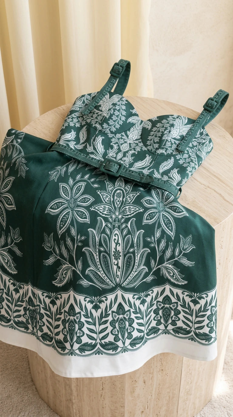 Close-up detail of Emerald Green floral pattern, bodice, and matching belt