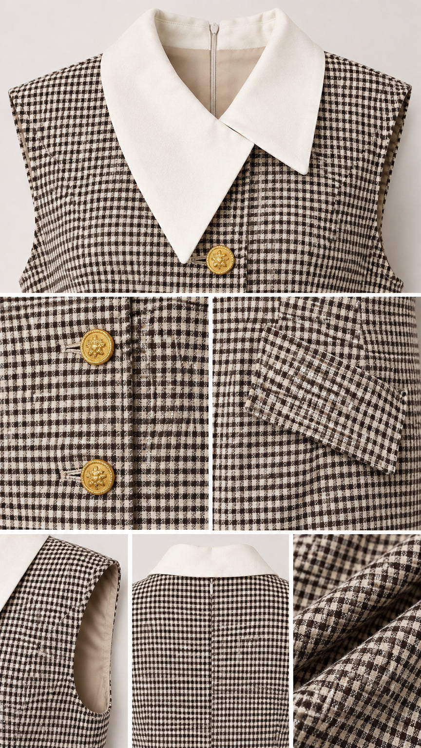 Close-up details of white collar, houndstooth fabric texture, gold buttons, and pocket flaps