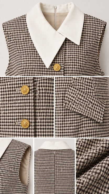 Close-up details of white collar, houndstooth fabric texture, gold buttons, and pocket flaps