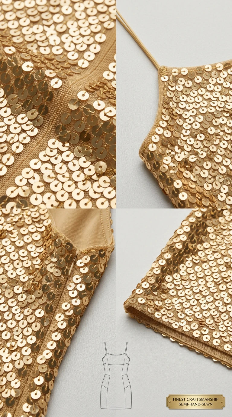 Close-up details of sequin craftsmanship, lining, and zipper construction