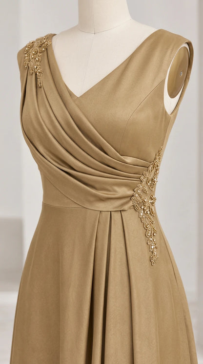 Close-up of gold gown bodice showing diagonal ruching and beaded applique details