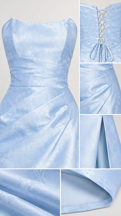 Close-up details of fabric texture, corset lace-up back, and pleated waist