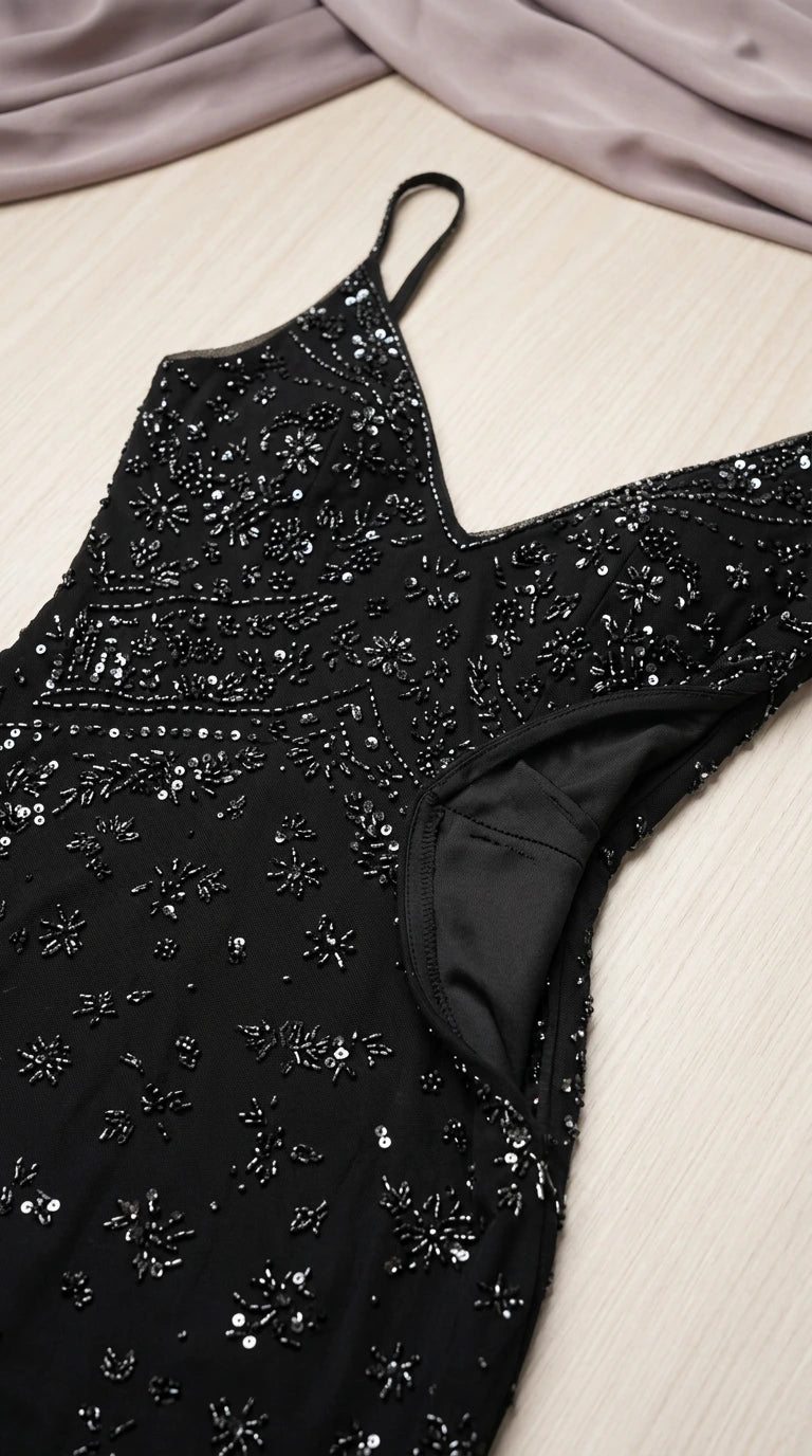 Close-up detail of black sequin and bead handiwork and inner lining