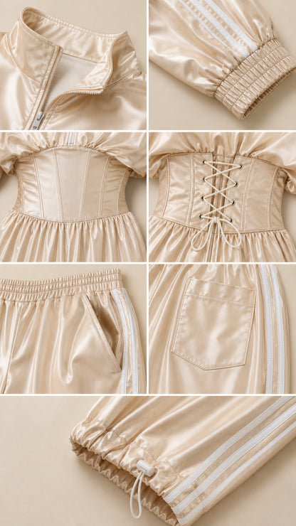 Close-up details of neckline zipper, striped cuffs, corset stitching, back pocket, and hem toggle