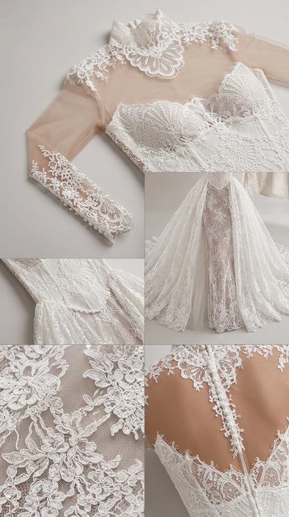 Close-up detail shots of the intricate lace collar, sleeve cuff, and corset bodice construction