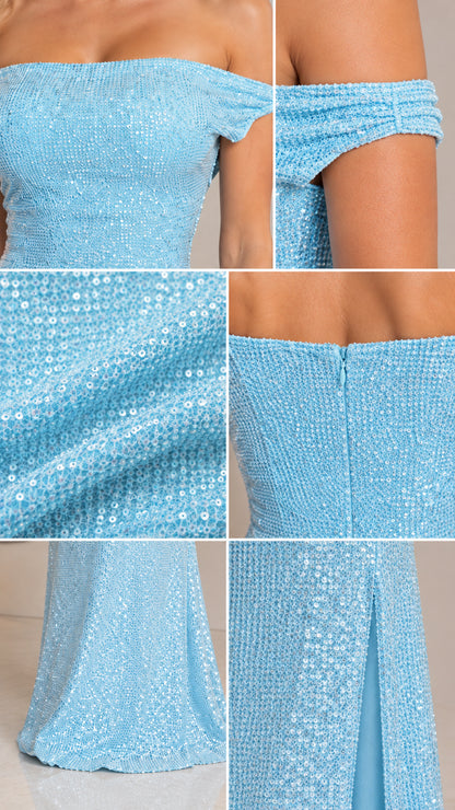 Detailed close-ups of shimmering sequin fabric, folded neckline, and hemline