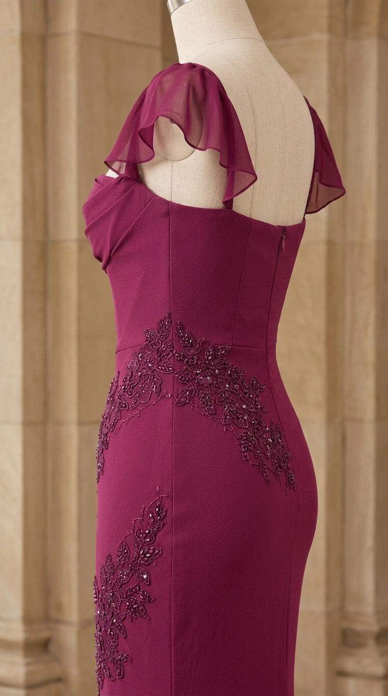 Close-up of magenta evening dress bodice showing chiffon flutter sleeves and beaded lace applique on hip