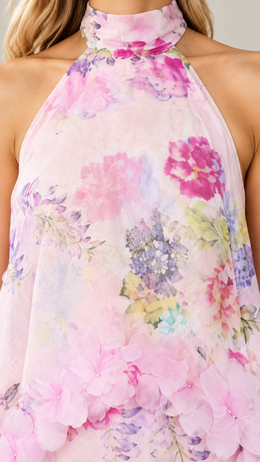 Close-up detail of Blush Pink floral halter neckline and ruffled bodice texture