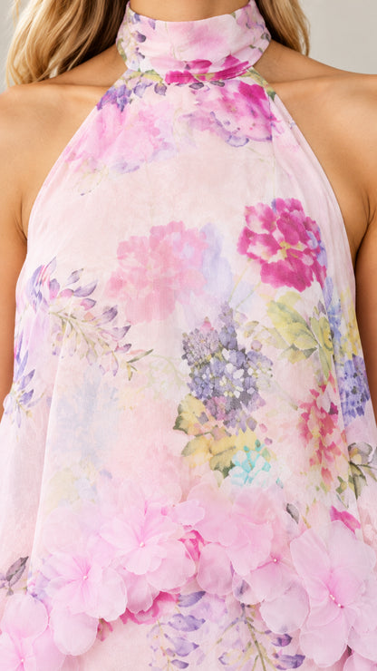 Close-up detail of Blush Pink floral halter neckline and ruffled bodice texture