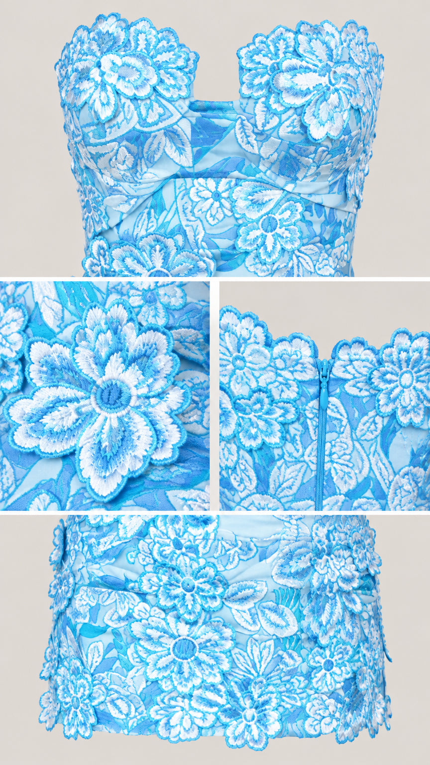 Close-up details of floral lace embroidery, scalloped neckline, and zip closure