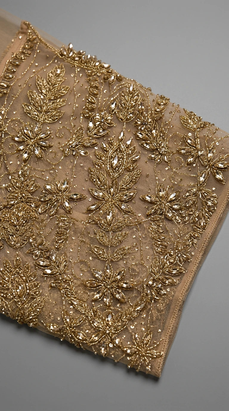 Close-up detail of intricate gold bead and sequin embroidery on sheer mesh fabric