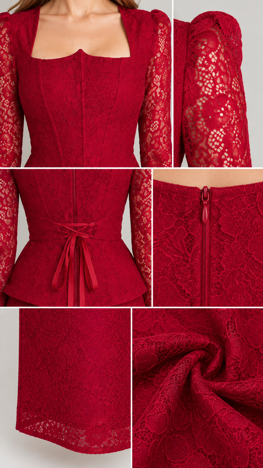 Close-up details of burgundy floral lace fabric, neckline, and hidden zipper