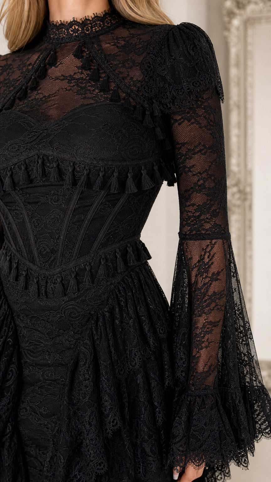 Close-up detail of black corset bodice with fringe trim and sheer high neck
