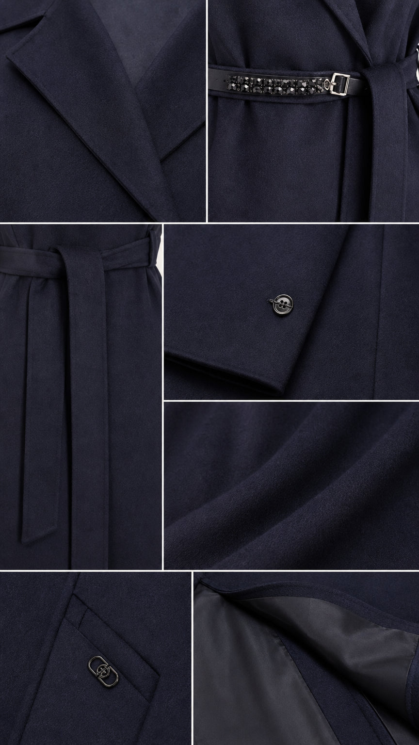 Close-up detail shots showing fabric texture, belt buckle, and cuff button