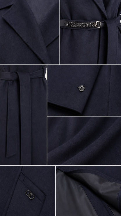Close-up detail shots showing fabric texture, belt buckle, and cuff button
