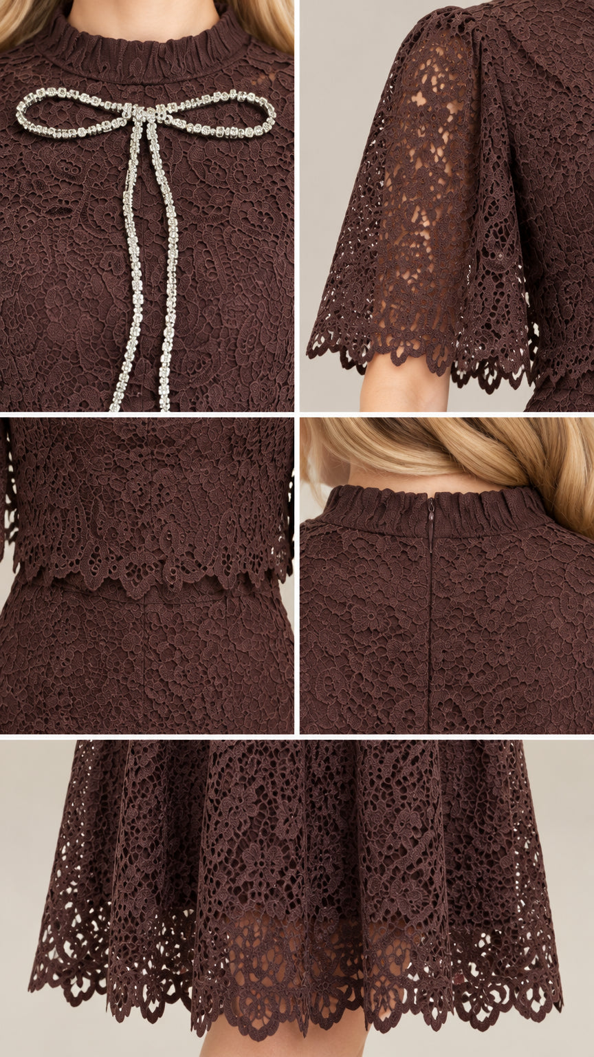 Close-up details of crystal bow brooch, scalloped lace sleeve, waist, collar, and hem