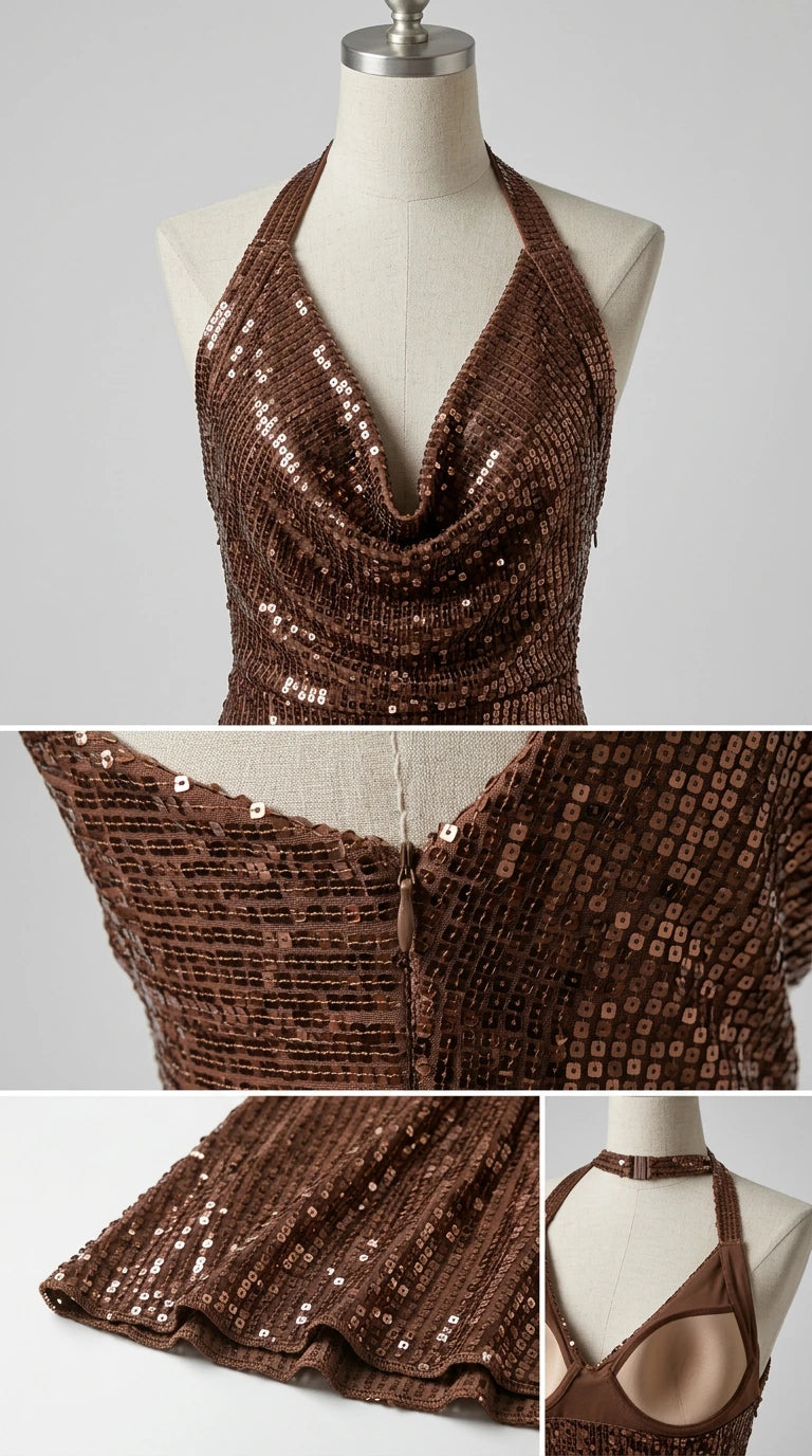 Detailed close-up collage of bronze sequin neckline, zipper closure, and hem finish