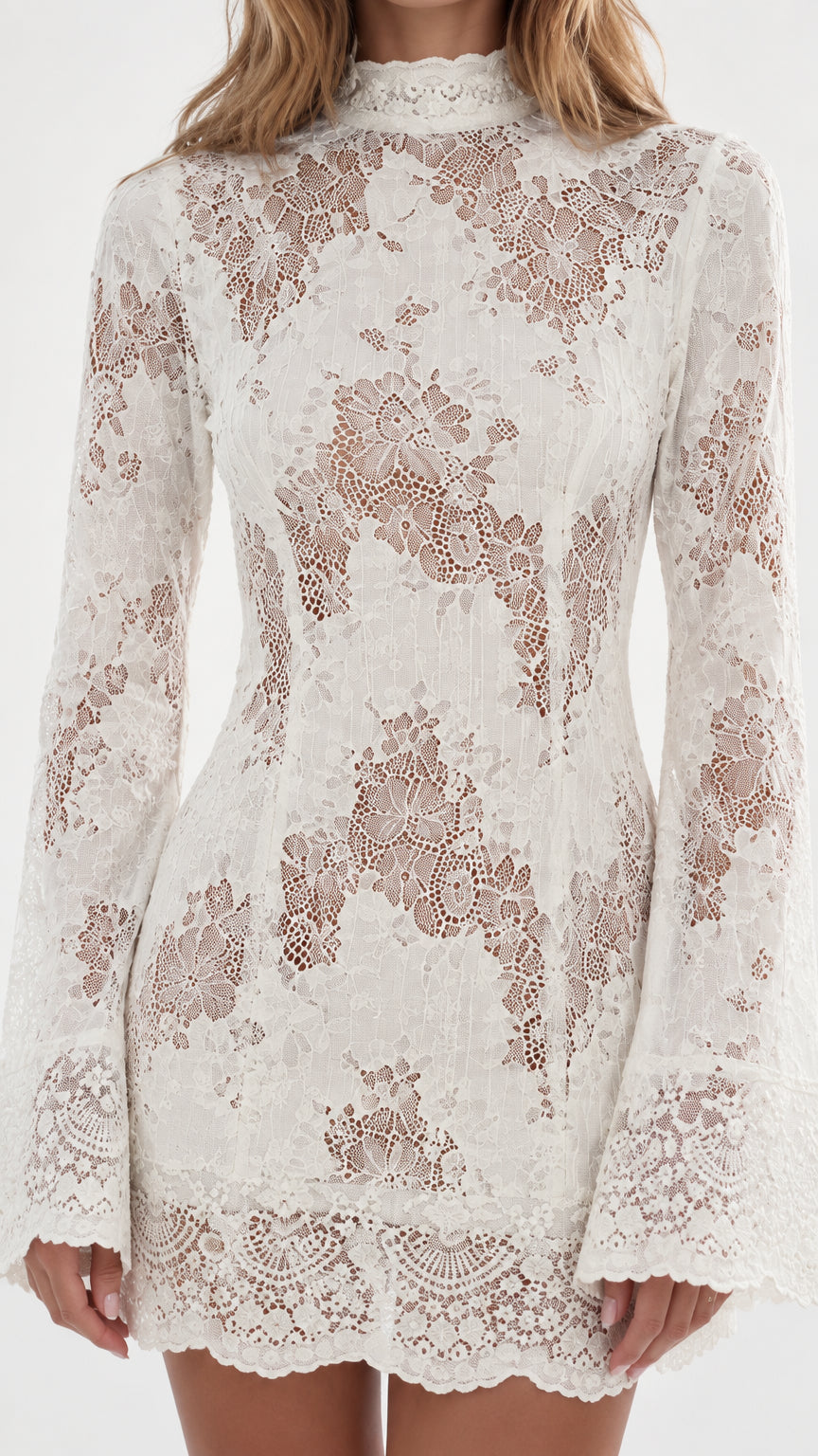 Close-up detail of textured floral lace fabric on high neck dress