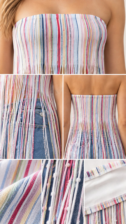 Close-up details of woven striped fabric texture, lining, and cascading fringe yarns